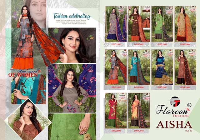 Floreon Aisha Vol-2 Designer Fancy Casual Wear Cotton Satin Printed Dress Material collection